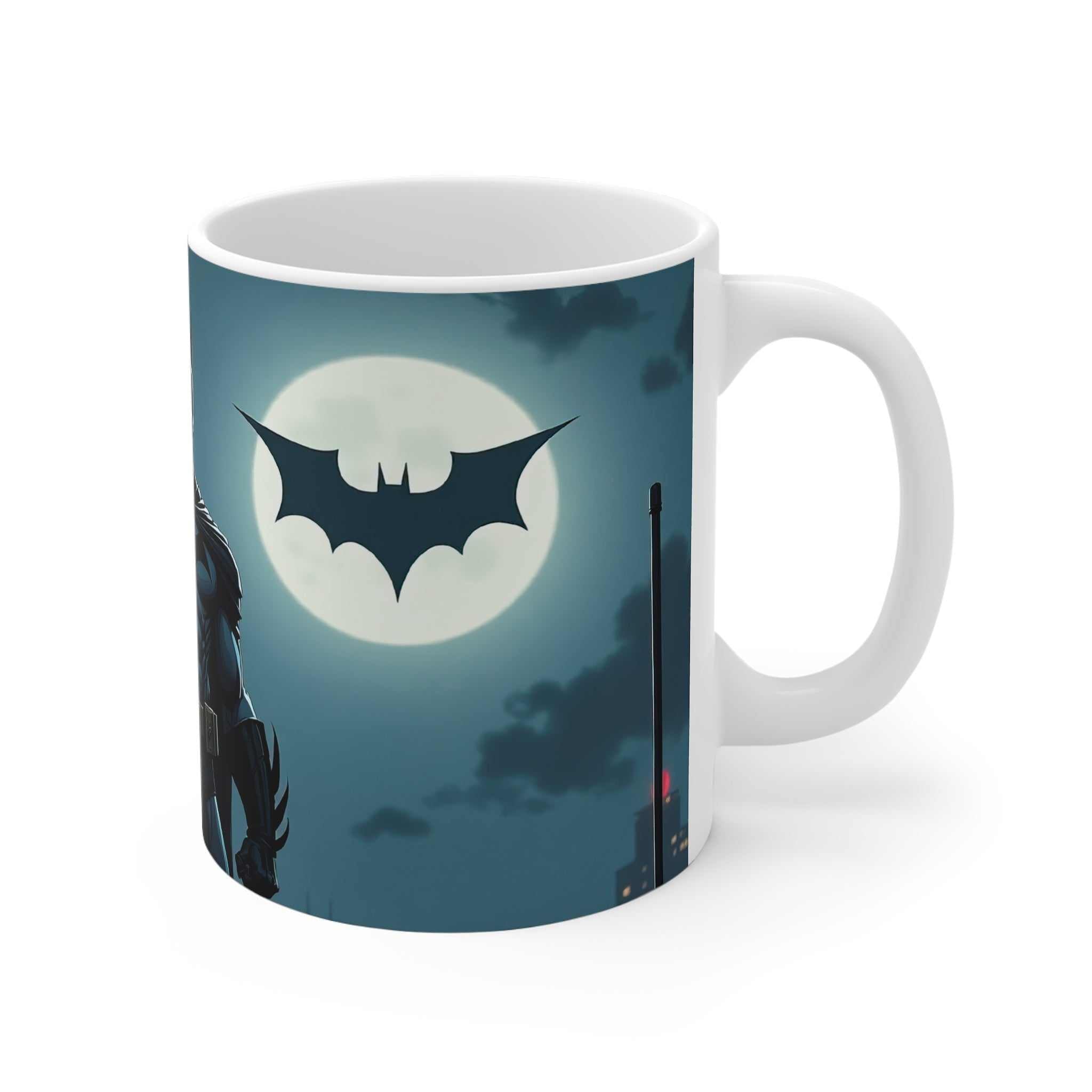 Batman themed coffee mug with Dark Knight logo and city skyline, ceramic 11oz, glossy finish, microwave and dishwasher safe.