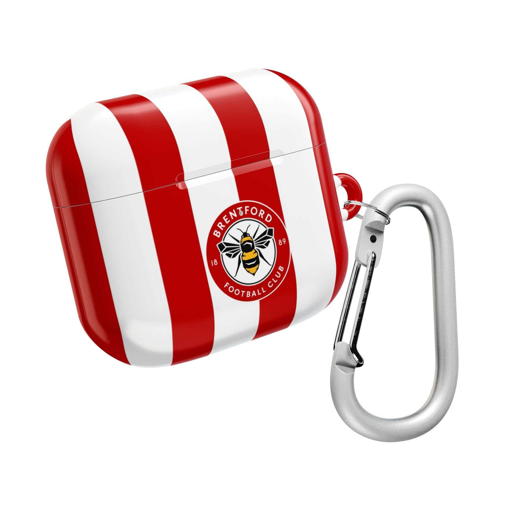 Brentford FC AirPods protective case with red and white stripes and bee crest, shock-resistant and wireless charging compatible