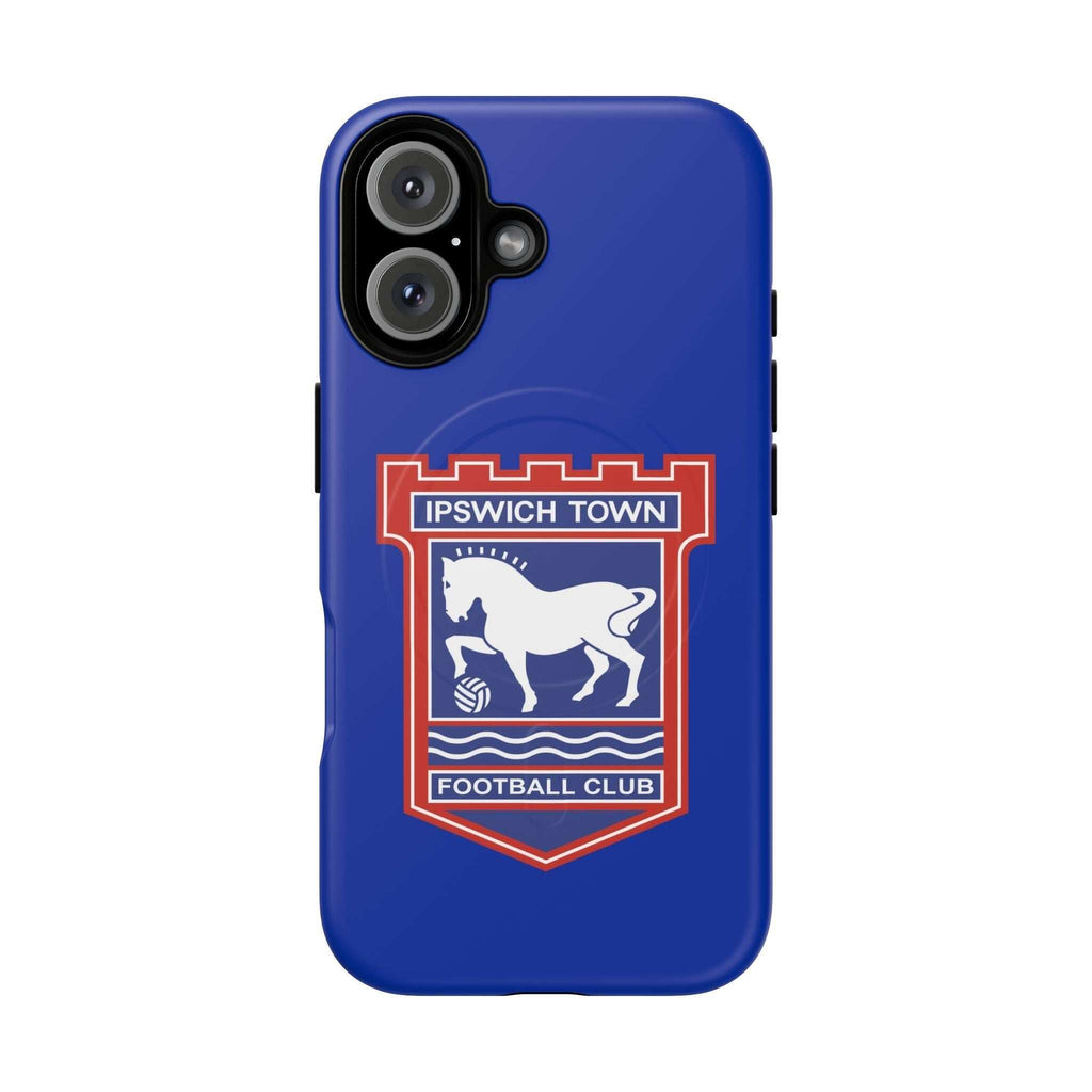 Ipswich Town MagSafe iPhone case with club crest, blue, dual-layer protection, and wireless charging compatible