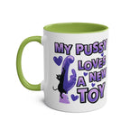 Cheeky Fun Coffee Mug with humorous purple text and cat graphic, green handle and interior, 11oz ceramic, microwave and dishwasher safe