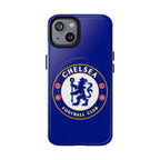 Chelsea FC MagSafe iPhone case with royal blue color and club crest, dual-layer protective design compatible with wireless charging.