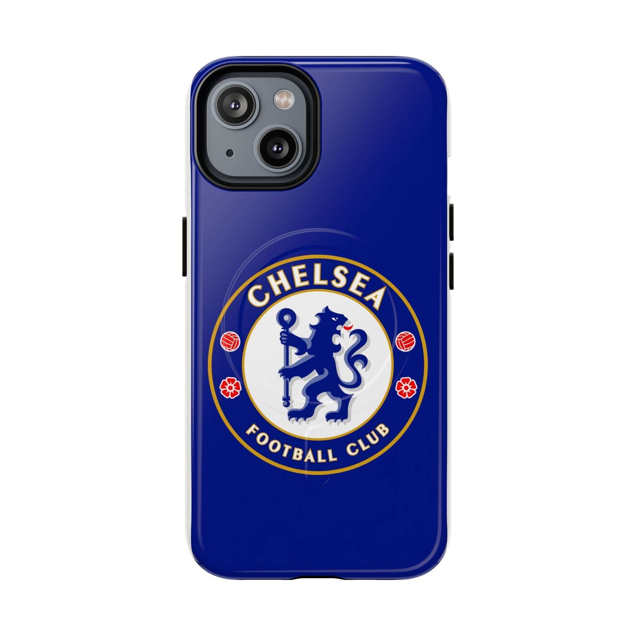 Chelsea FC MagSafe iPhone case with royal blue color and club crest, dual-layer protective design compatible with wireless charging.