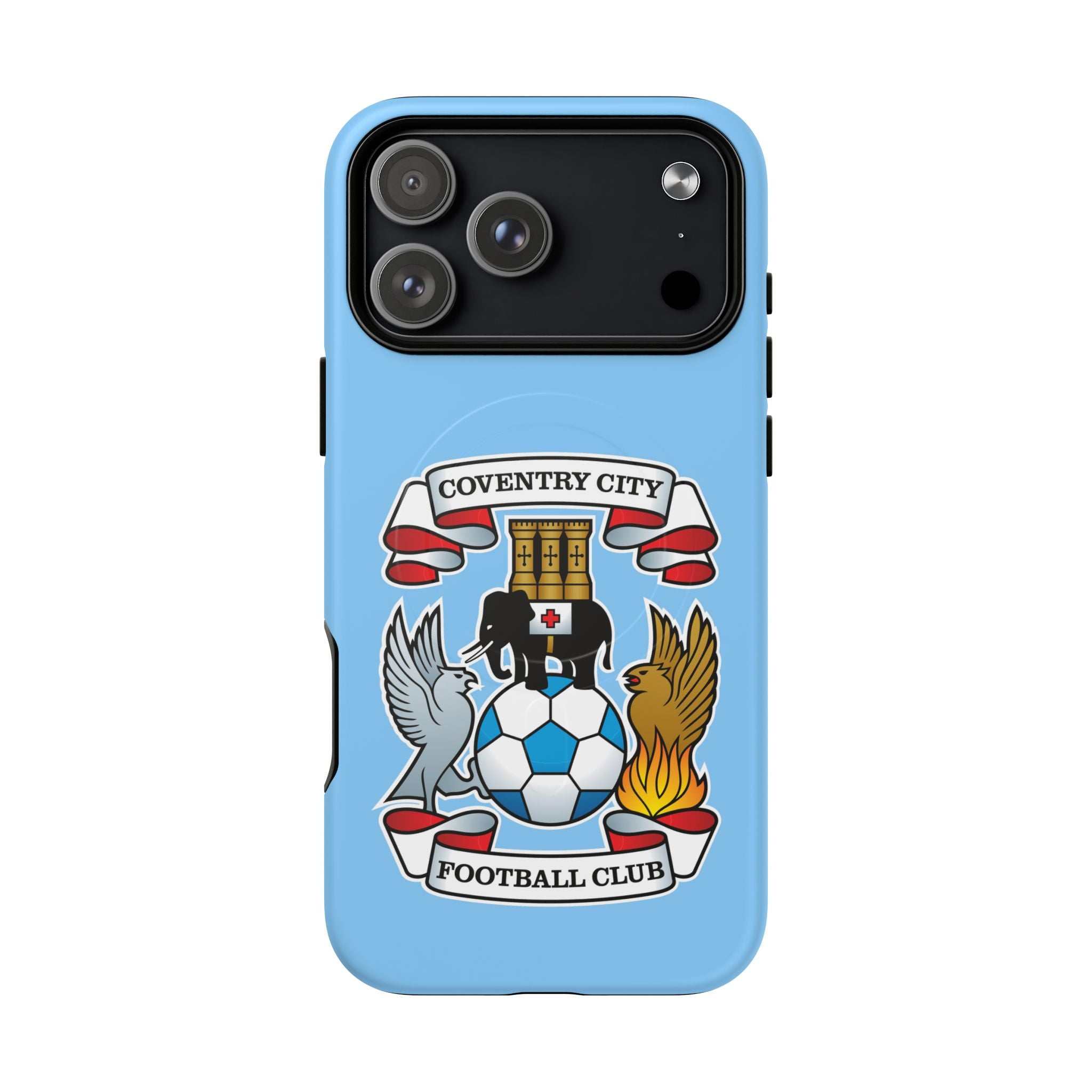 Coventry City Magsafe iPhone Case with club crest and sky blue design, dual-layer protection, and MagSafe compatibility.