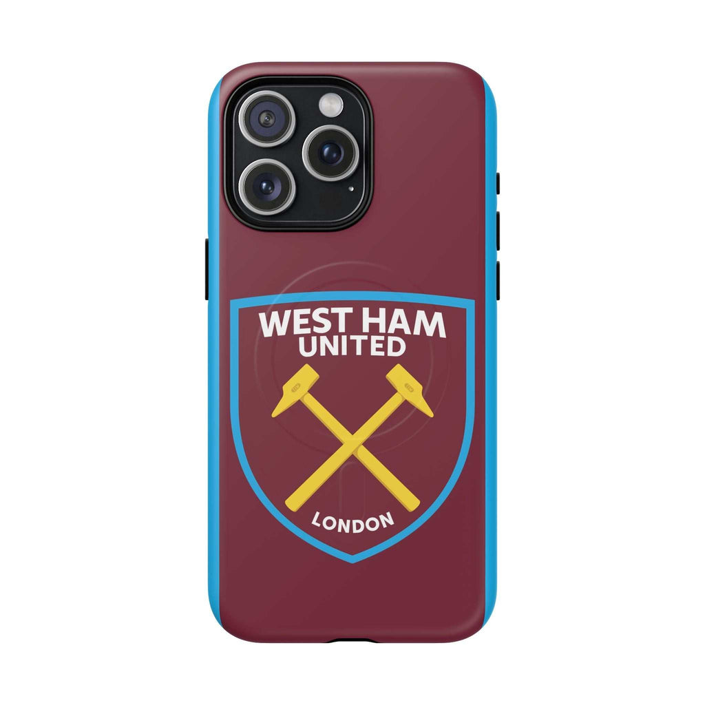 West Ham Utd MagSafe iPhone case with claret and blue colors and official-inspired crest, dual layer protection, and wireless charging compatible