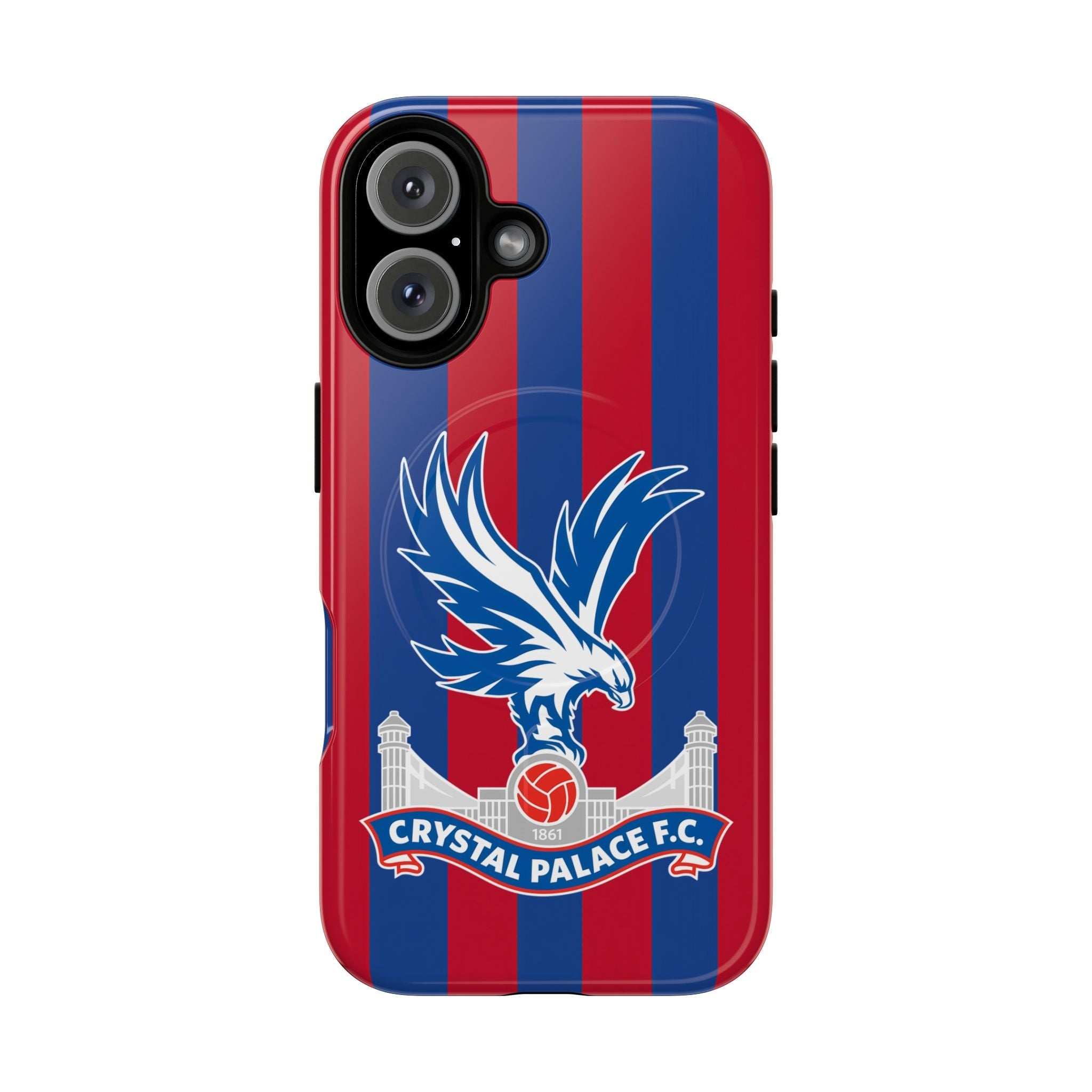 Crystal Palace MagSafe iPhone case with red and blue stripes and eagle crest, dual-layer protection, MagSafe compatible