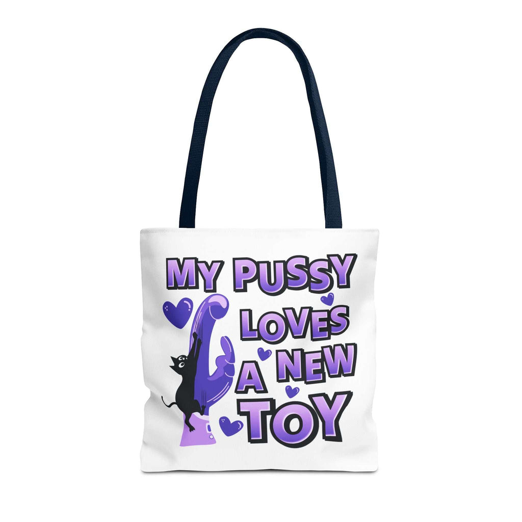 Cheeky fun cat toy tote bag with colorful handles and durable spun polyester fabric