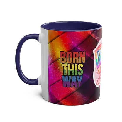 LGBTQ+ Pride Mug with rainbow design and "Born This Way" text.