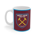 West Ham United Mug with claret and blue design, microwave safe ceramic coffee cup for fans
