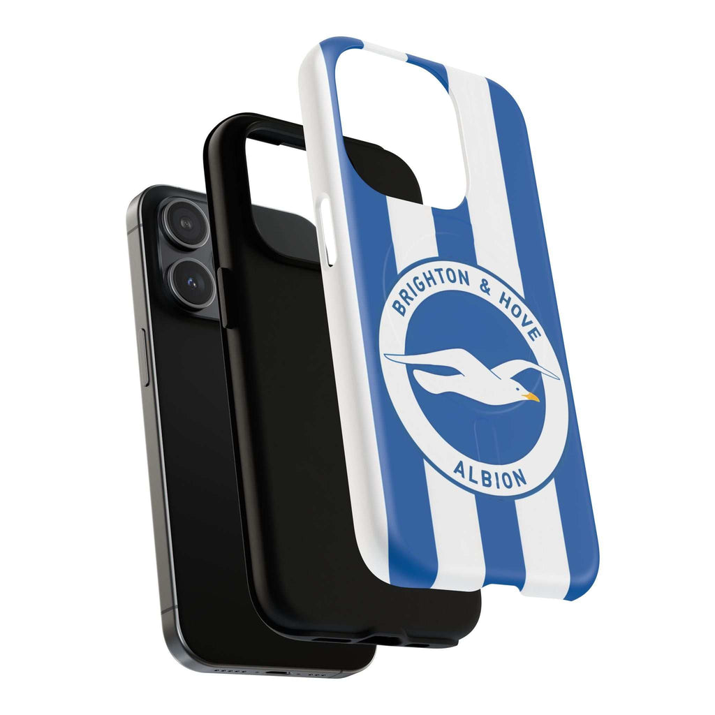 Brighton FC MagSafe iPhone case with blue and white stripes and club crest, dual-layer protection, MagSafe compatible, slim and durable design