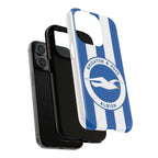 Brighton FC MagSafe iPhone case with blue and white stripes and club crest, dual-layer protection, MagSafe compatible, slim and durable design