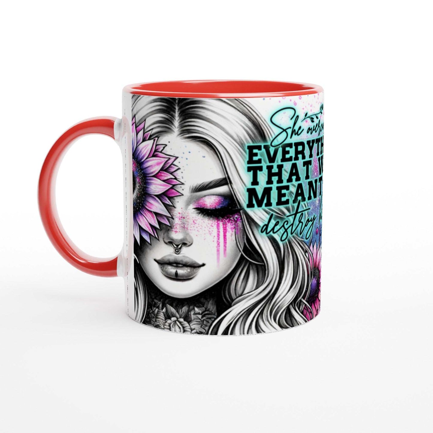 Motivational coffee mug with "She Overcame Everything" quote and colorful design.