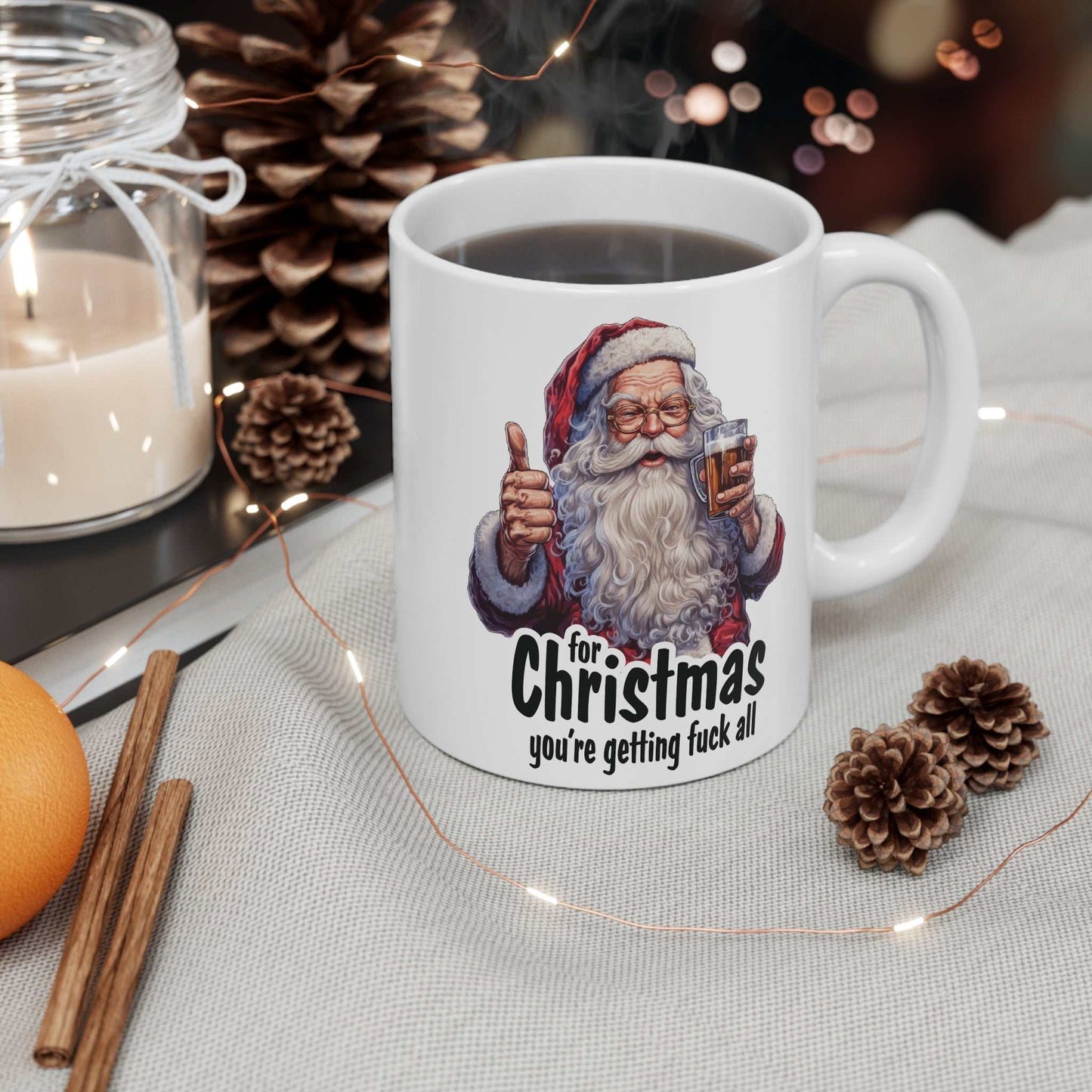 Rude Santa Christmas Mug with cheeky festive design, 11oz ceramic, microwave and dishwasher safe.