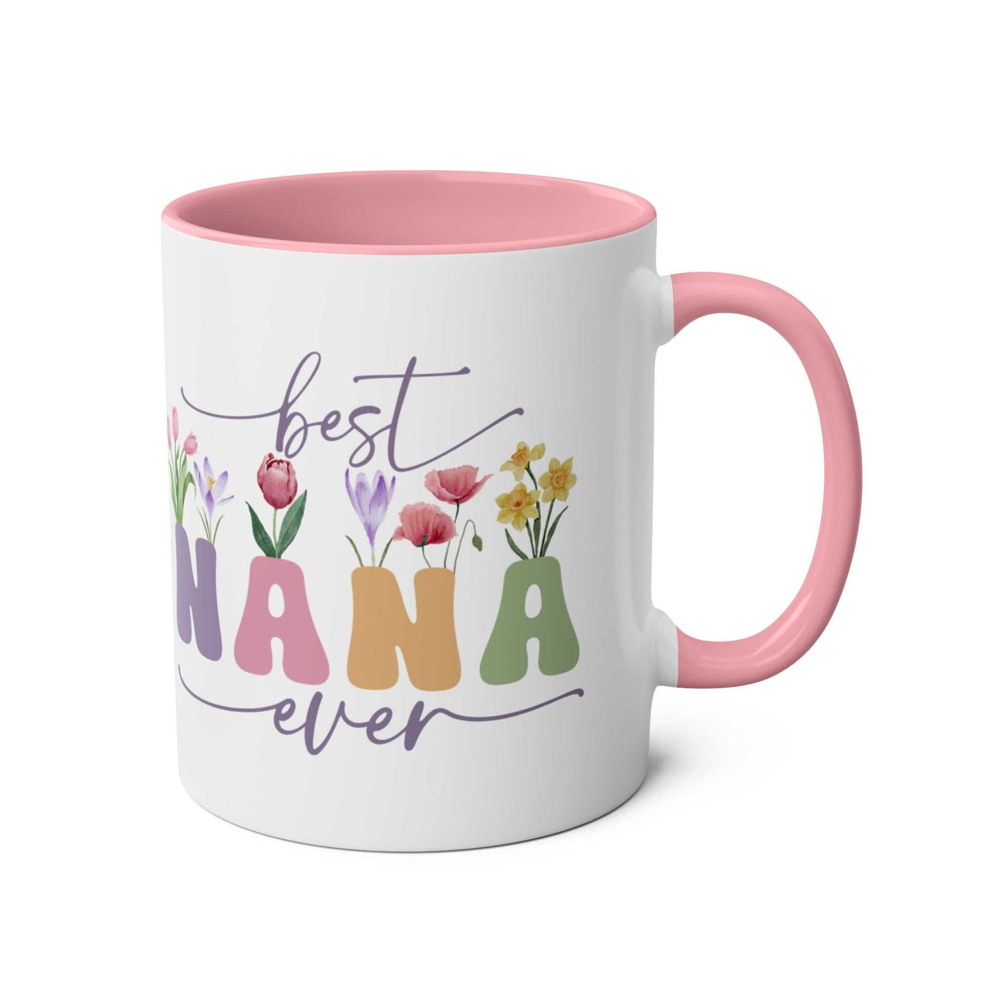 Best Nana Ever Mother's Day gift mug with floral design, ceramic, 11oz, pink interior.