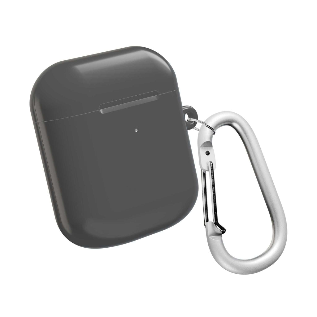 Gunmetal grey hard shell AirPods protective case with carabiner clip and glossy finish