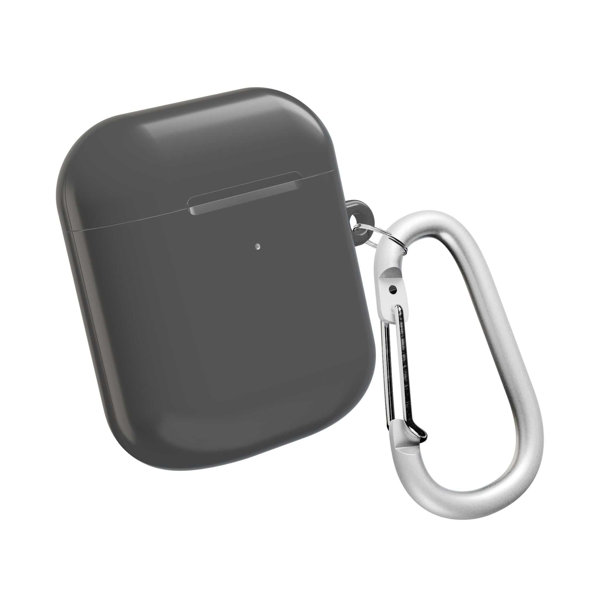 Gunmetal grey hard shell AirPods protective case with carabiner clip and glossy finish