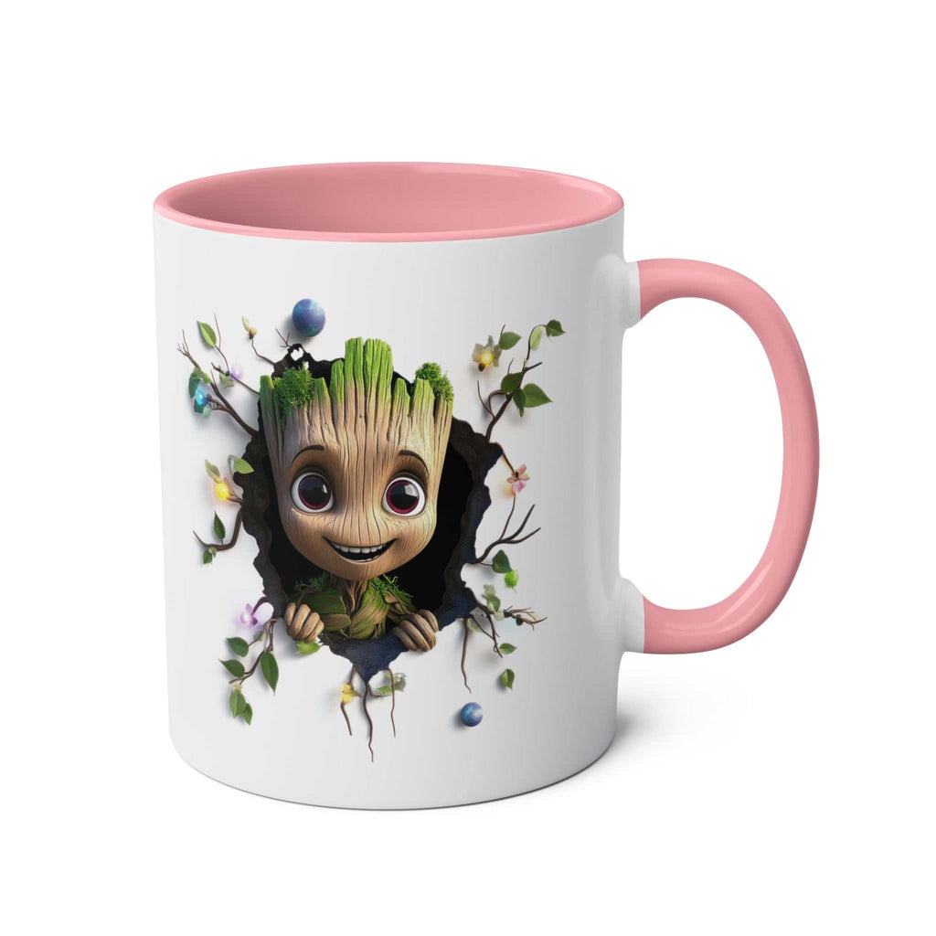 Baby Groot themed coffee mug with whimsical design, available in 7 colors, glossy ceramic finish.