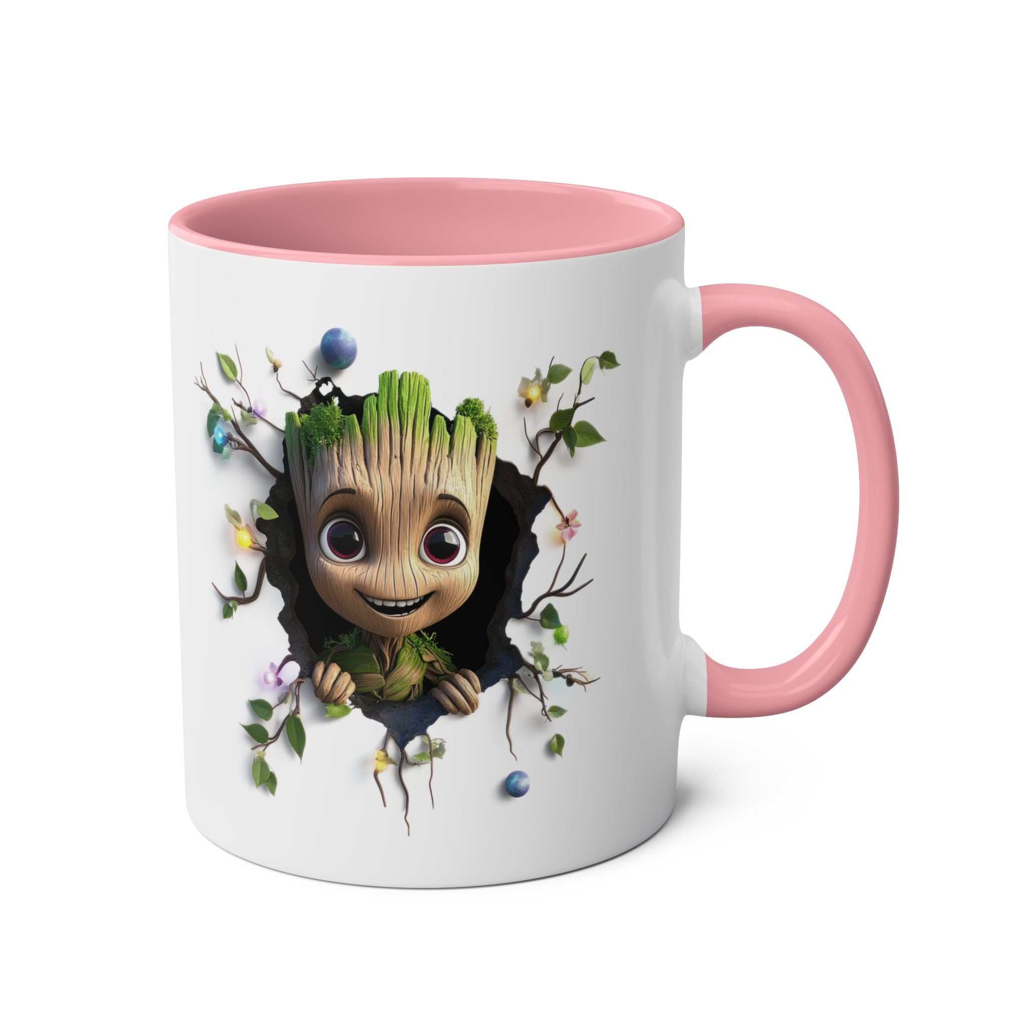 Baby Groot themed coffee mug with whimsical design, available in 7 colors, glossy ceramic finish.