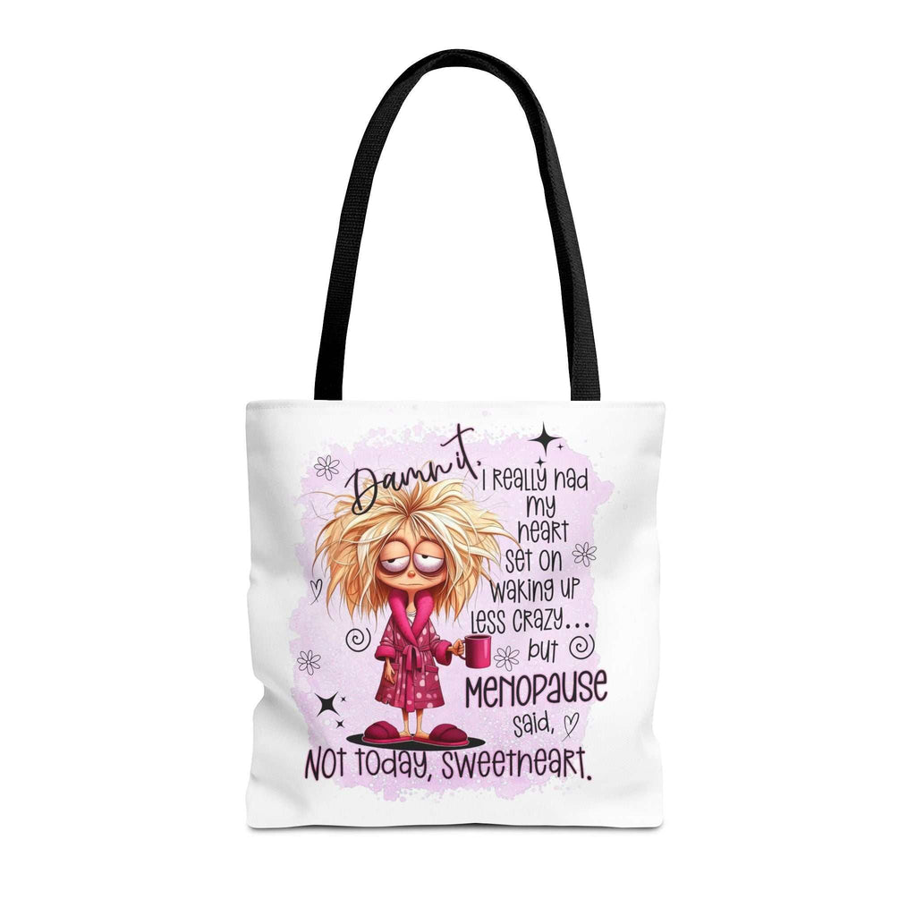 Cheeky menopause humour tote bag with durable spun polyester and multiple handle colors for everyday use