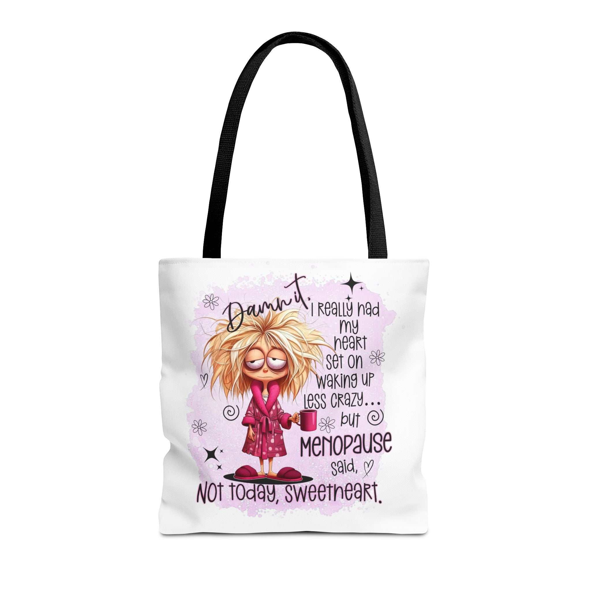 Cheeky menopause humour tote bag with durable spun polyester and multiple handle colors for everyday use
