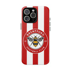 Brentford FC MagSafe iPhone case with red and white stripes and bee logo, dual-layer protective design, compatible with wireless charging.