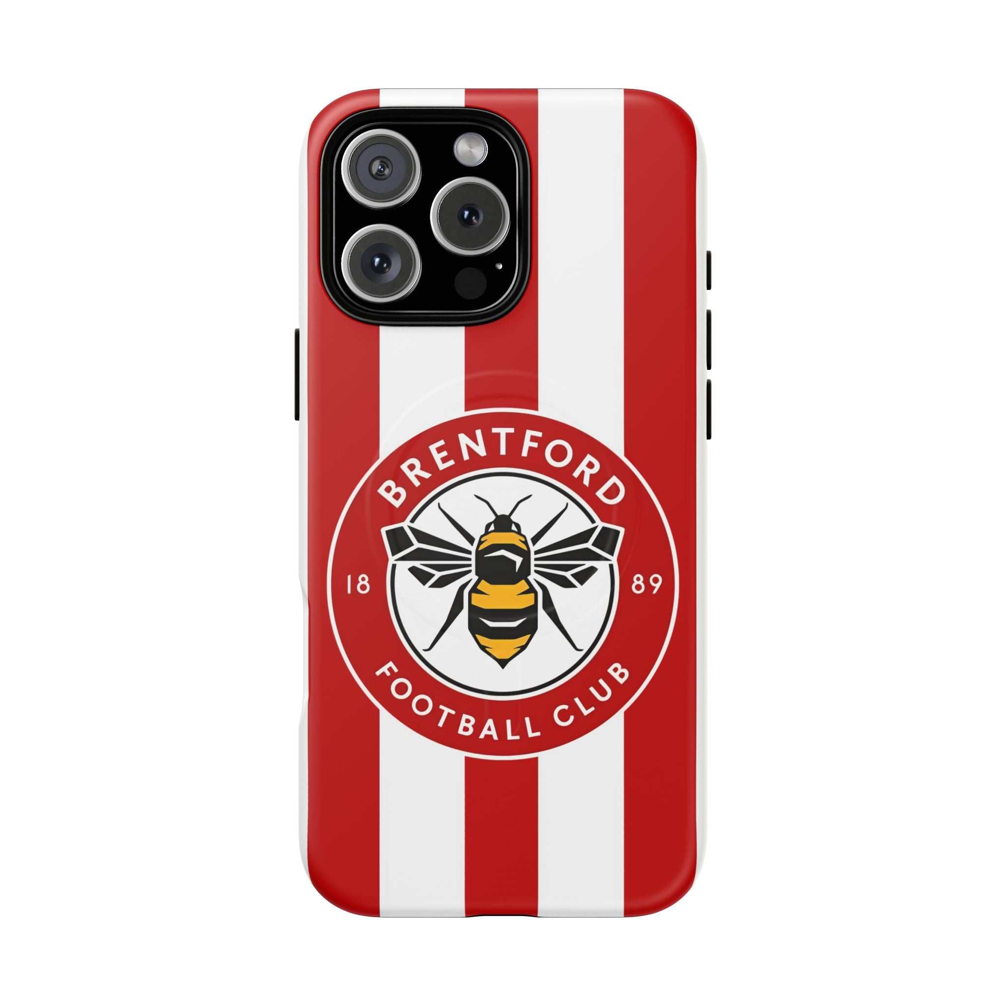 Brentford FC MagSafe iPhone case with red and white stripes and bee logo, dual-layer protective design, compatible with wireless charging.