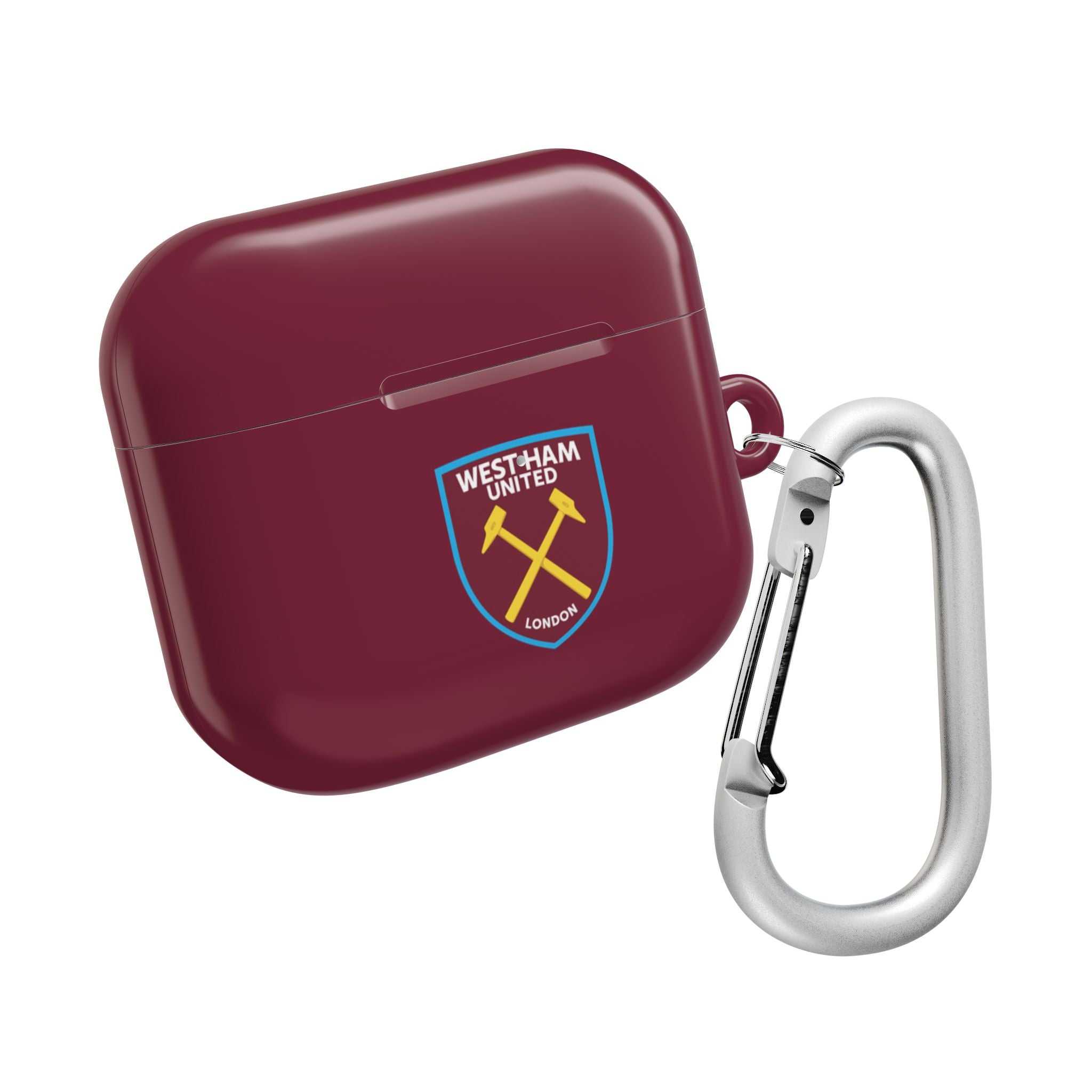 West Ham Utd FC AirPods Pro protective hard case in claret with crossed hammers crest and keychain clip