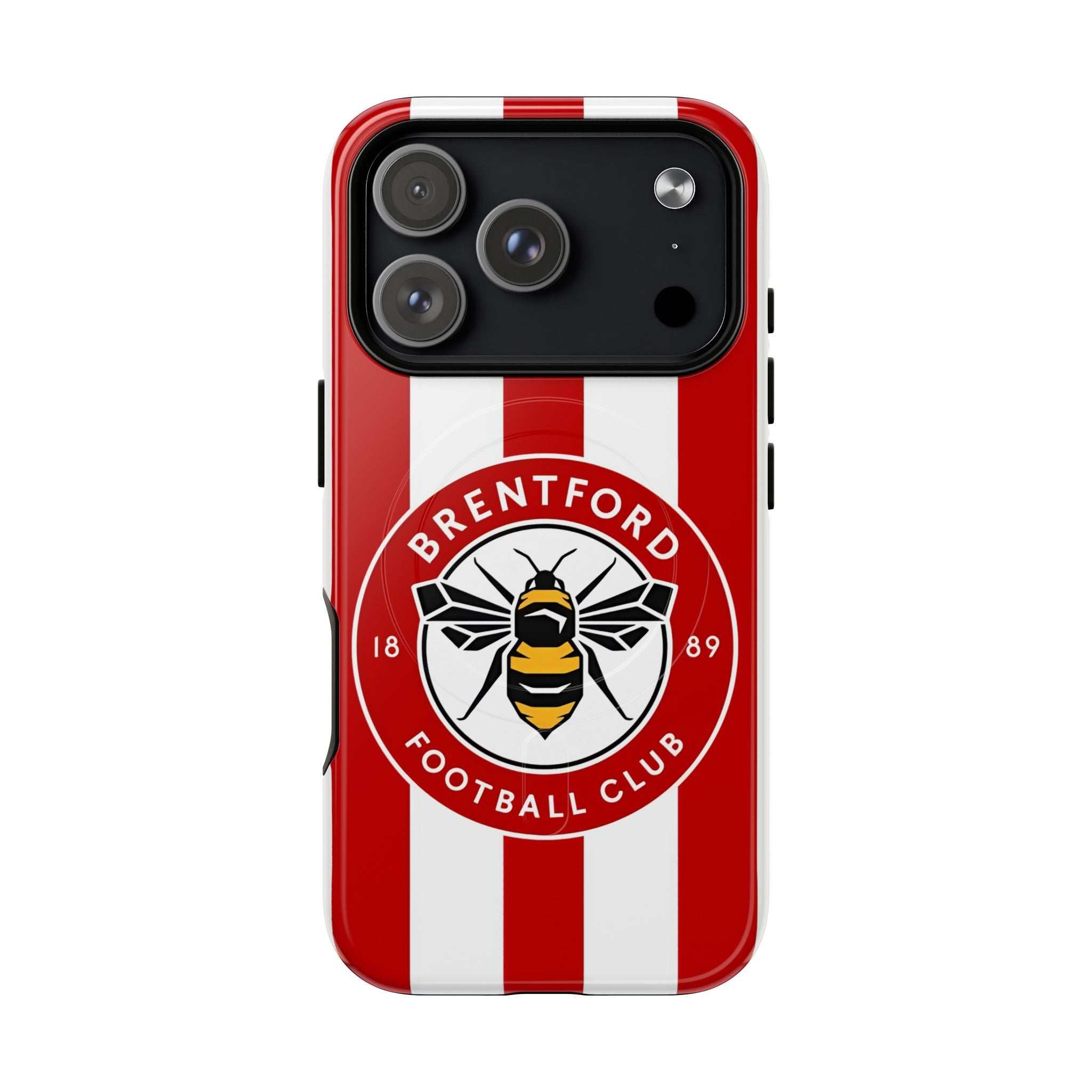 Brentford FC MagSafe iPhone case with red and white stripes and club crest, dual-layer protective design.