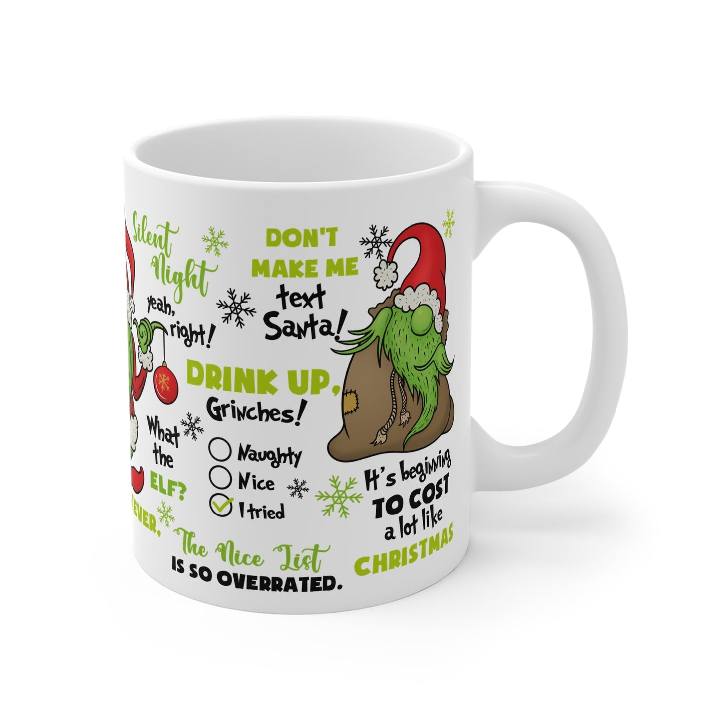 Grinch Christmas mug with festive design, glossy finish, 11oz ceramic, microwave and dishwasher safe.