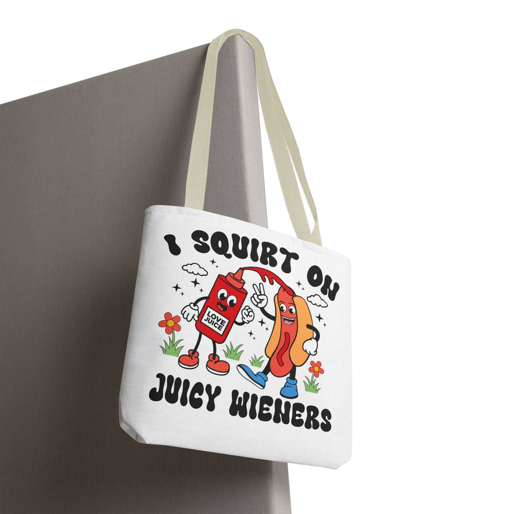I Squirt On Juicy Wieners Fun Tote Bag with cheeky hot dog design and durable fabric