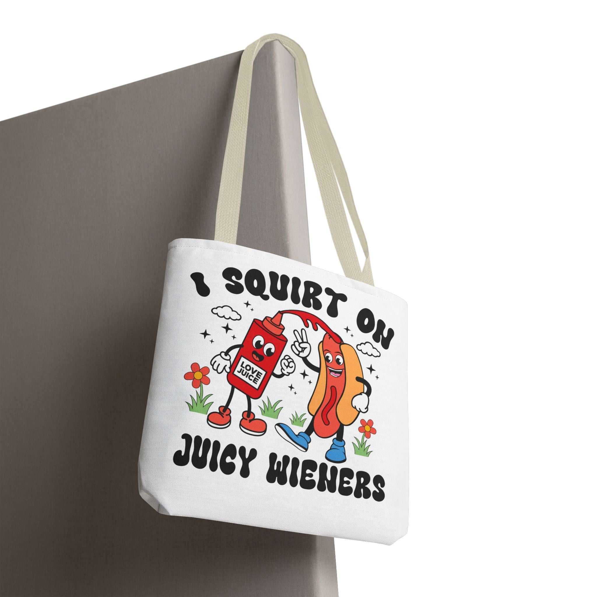 I Squirt On Juicy Wieners Fun Tote Bag with cheeky hot dog design and durable fabric
