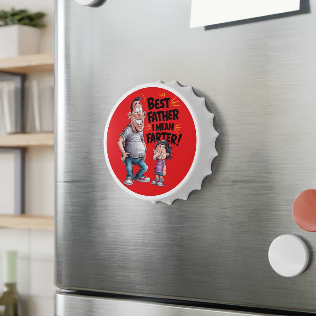 Magnetic Farter Bottle Opener shaped like a bottle cap with vibrant artwork and dual-opening metal base on a fridge door