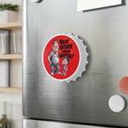 Magnetic Farter Bottle Opener shaped like a bottle cap with vibrant artwork and dual-opening metal base on a fridge door