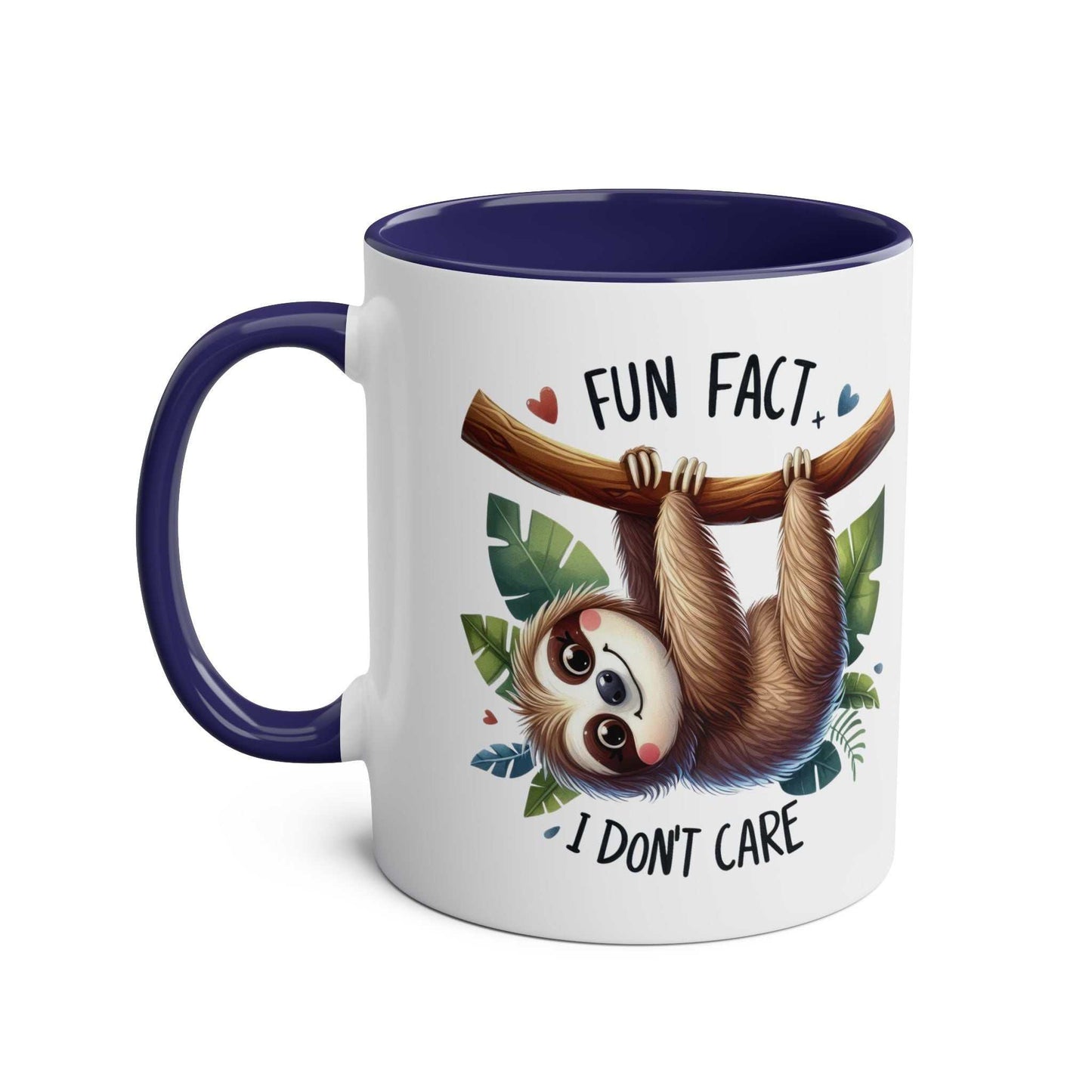 Cute sloth coffee mug with glossy finish and fun design, featuring a sloth illustration; 11oz ceramic, microwave and dishwasher safe.