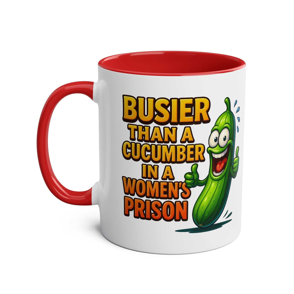 Busier Than a Cucumber coffee mug with cheeky humorous text, available in multiple colors, 11oz ceramic, microwave and dishwasher safe