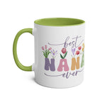 Best Nana Ever mug with colorful floral design, perfect Mother's Day gift, 11oz ceramic, green interior handle.