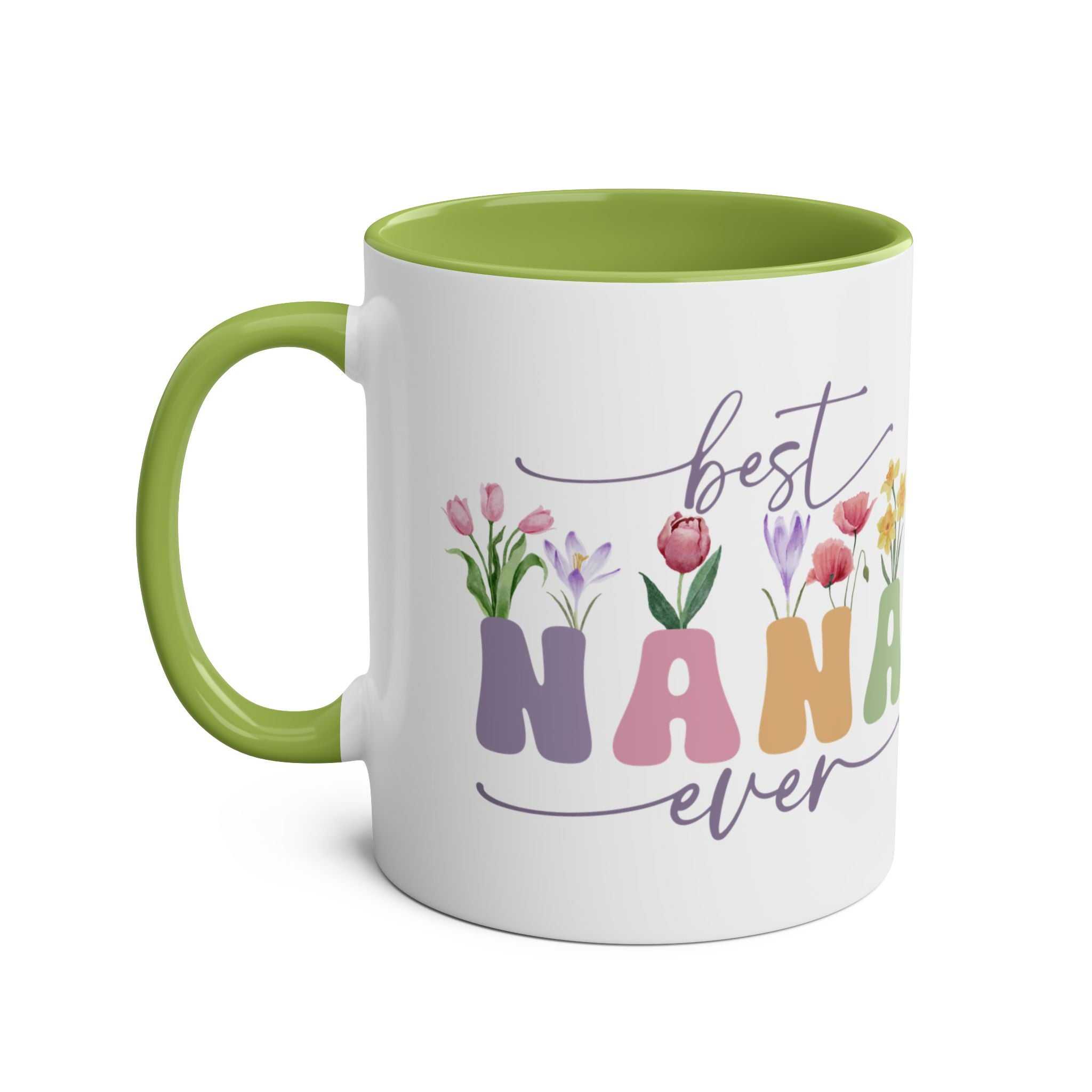 Best Nana Ever mug with colorful floral design, perfect Mother's Day gift, 11oz ceramic, green interior handle.