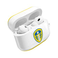 Leeds Utd FC AirPods protective hard case in white and blue with club crest, shock-resistant, compatible with wireless charging