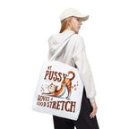 Fun stretching cat tote bag with cheeky design and colorful handles, durable polyester fabric