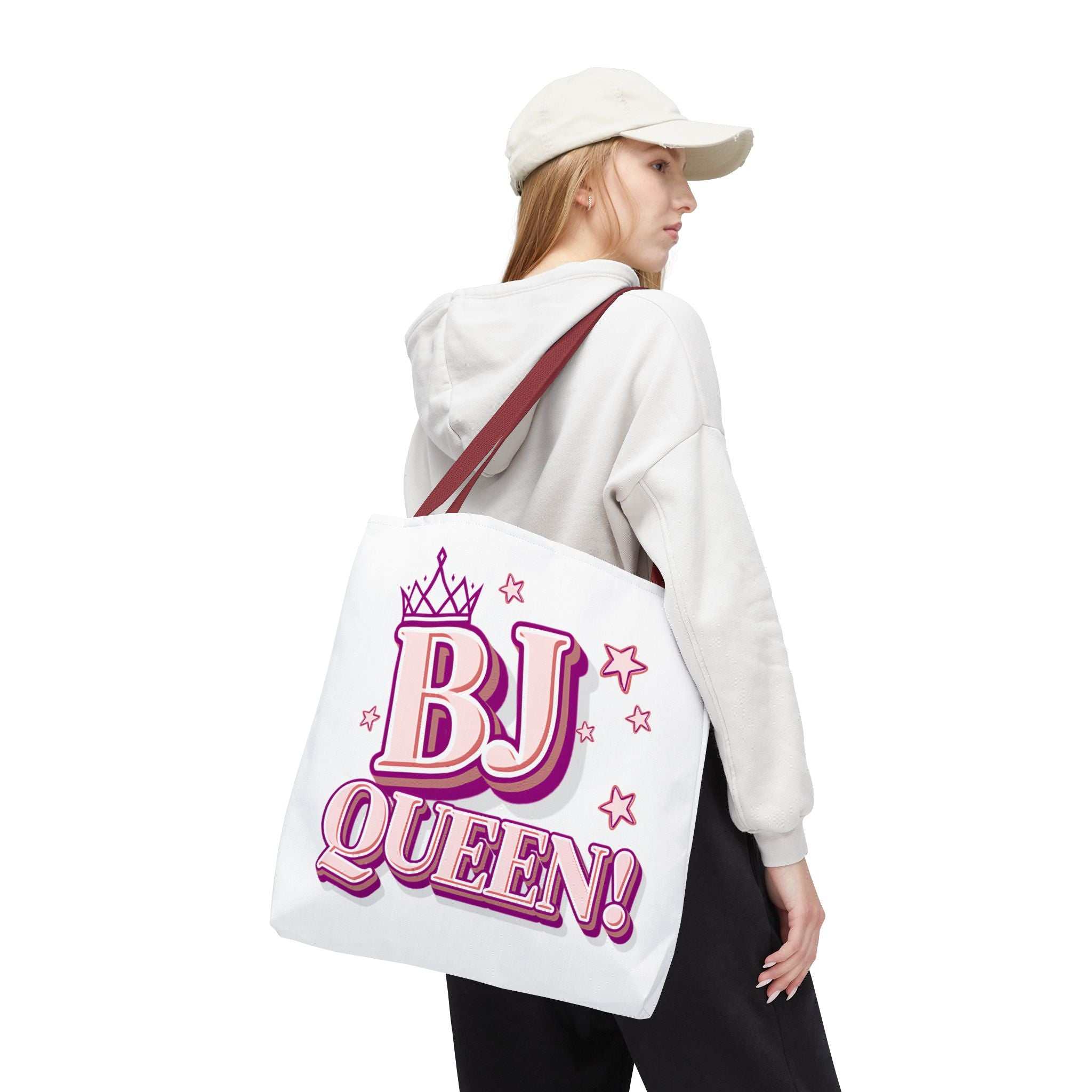 Cheeky BJ Queen Tote Bag in durable spun polyester with colorful handles, available in three sizes for everyday use