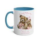 Personalised Our First Mother's Day Girl Gift Mug with teddy bear design, blue handle, customizable text.