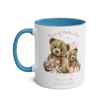 Personalised Our First Mother's Day Girl Gift Mug with teddy bear design, blue handle, customizable text.