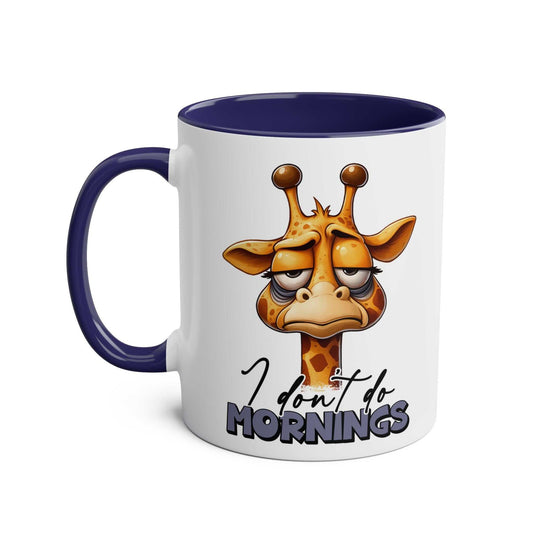 Giraffe design 'Dont Do Mornings' coffee mug with dark blue handle.