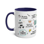 Fathers Day gift mug with fun designs, blue handle, and interior.