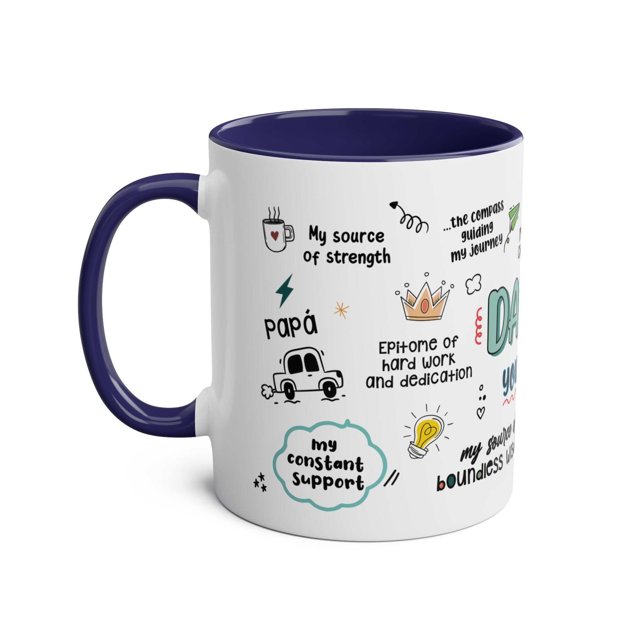 Fathers Day gift mug with fun designs, blue handle, and interior.