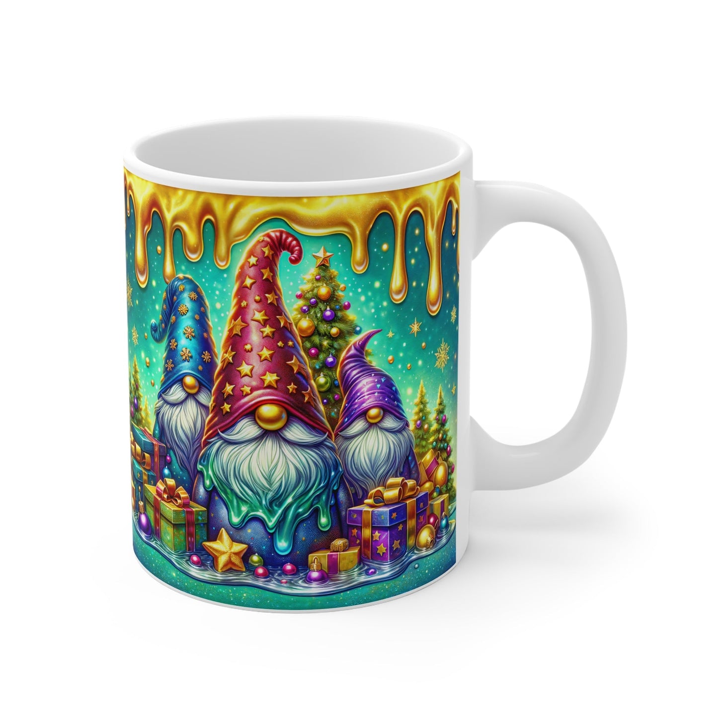 Christmas Gnome Mug with colorful gnome print, 11oz ceramic, glossy finish, perfect for festive hot drinks.