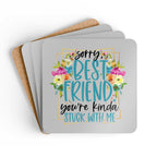 Cozy best friend coaster set with playful design, cork back, heat-resistant, perfect gift.