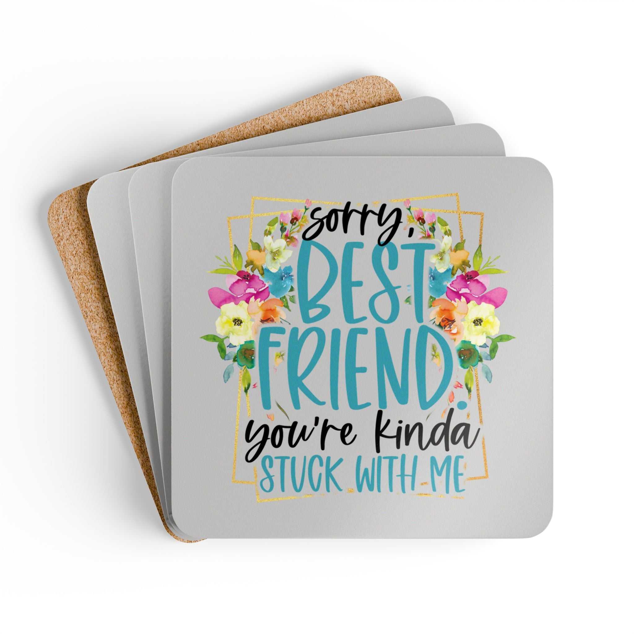 Cozy best friend coaster set with playful design, cork back, heat-resistant, perfect gift.