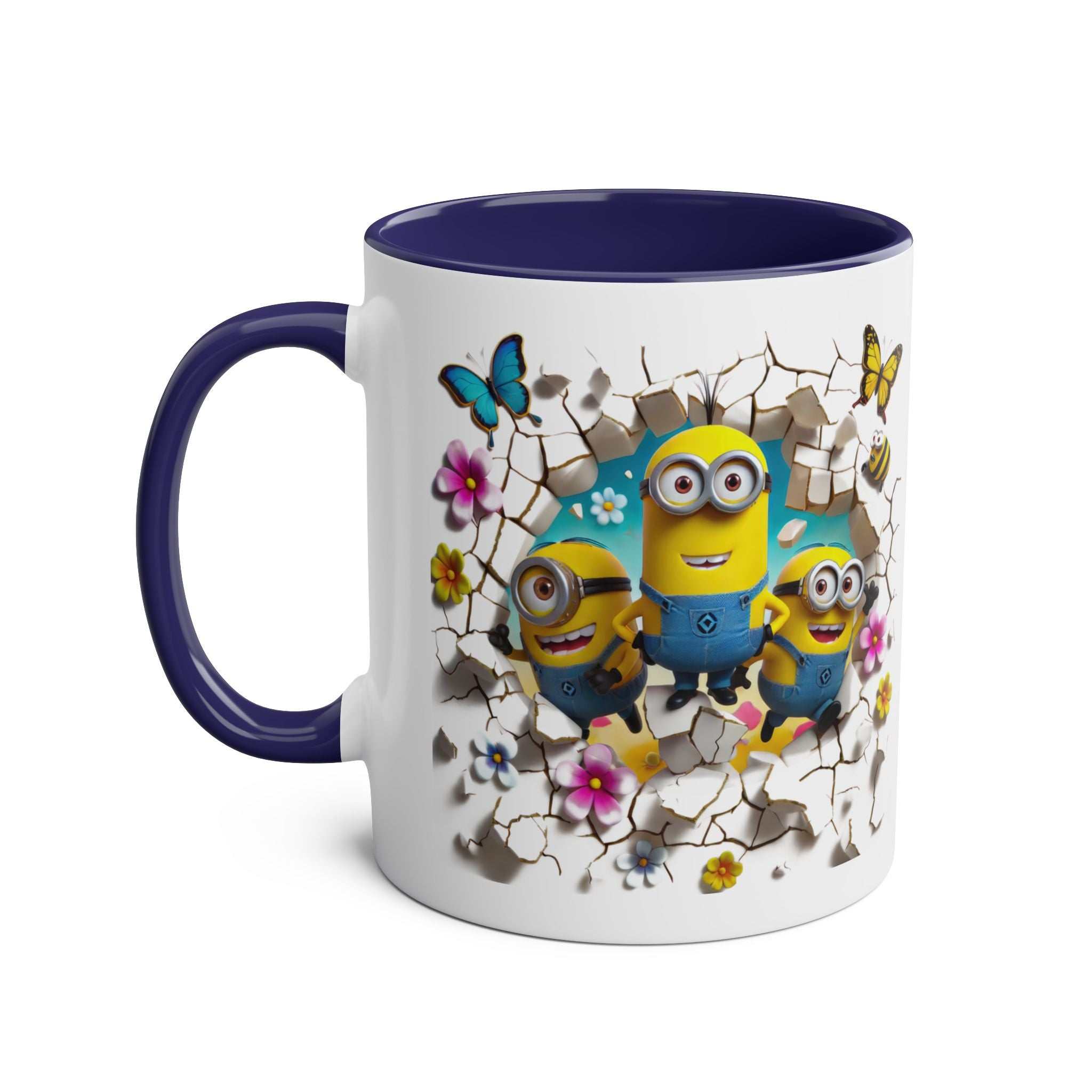 Fun Minion themed coffee mug with colorful design and blue handle.