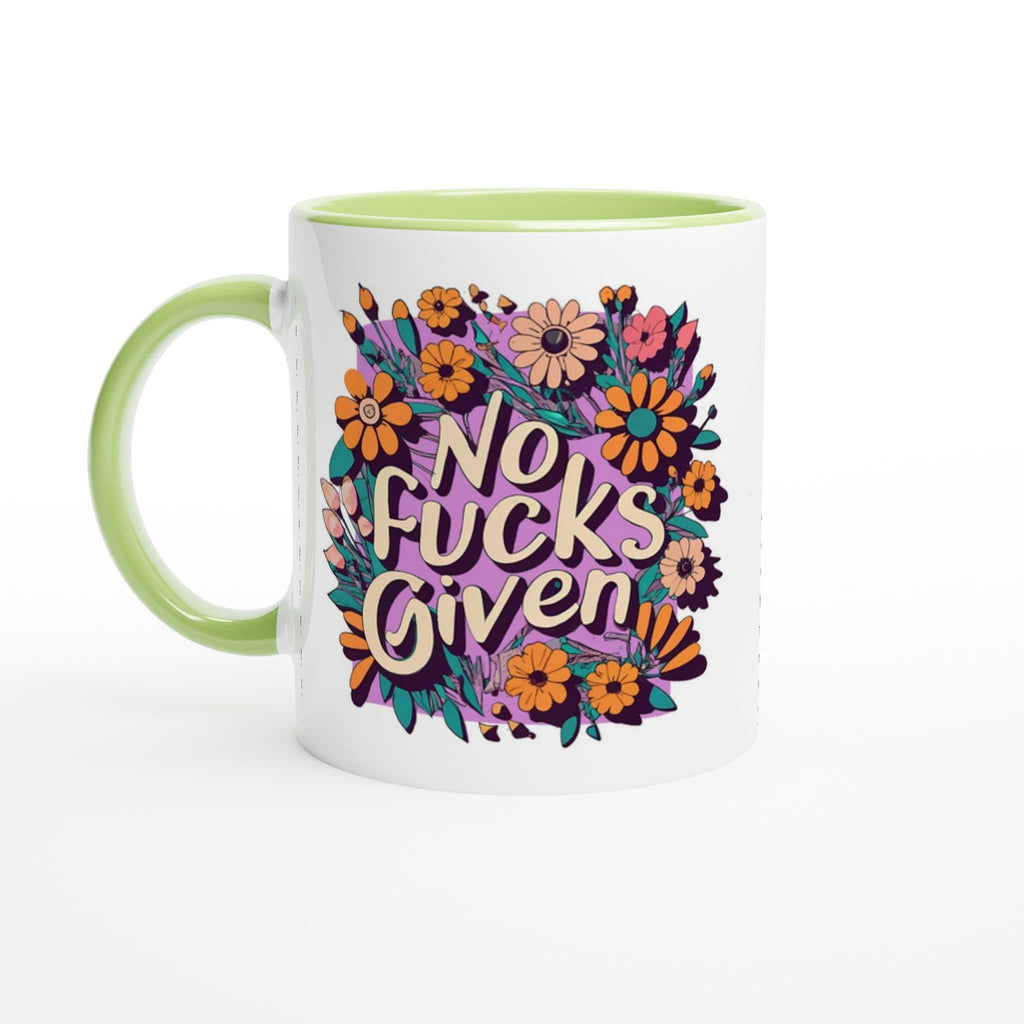 No Fucks Given Fun Mug with floral design, 11oz ceramic, colorful rim and handle.