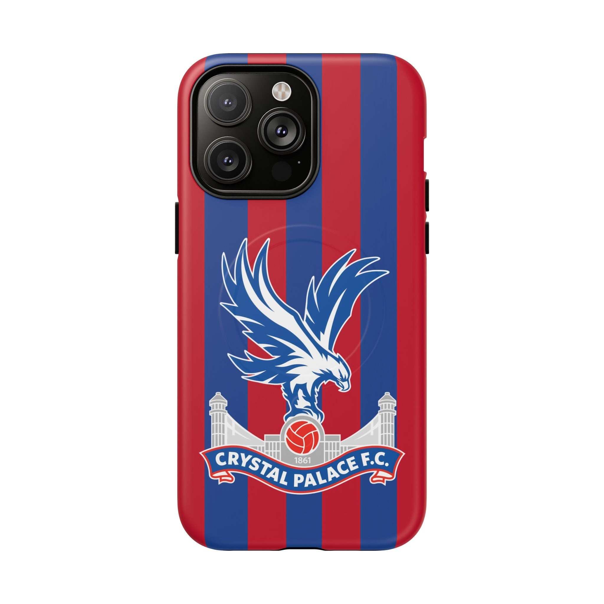 Crystal Palace MagSafe iPhone case with red and blue stripes and club crest, dual-layer protection and MagSafe compatibility
